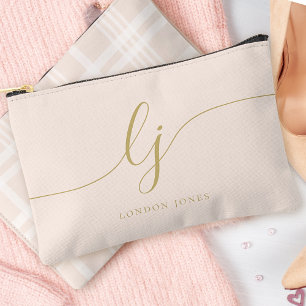 Monogram Personalised Pink Gold Initial Name Plaid Accessory Pouch