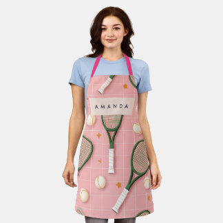 Monogram Personalised Retro Tennis Racket Pattern Apron