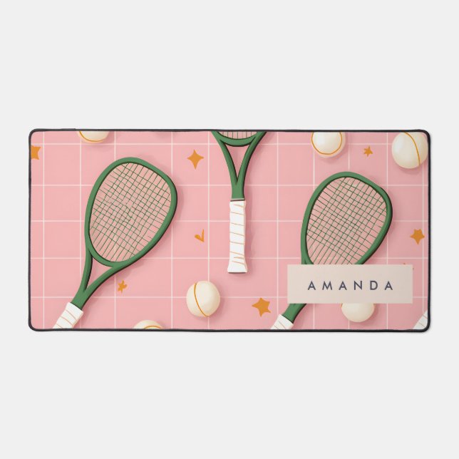 Monogram Personalised Retro Tennis Racket Pattern Desk Mat (Front)