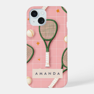 Monogram Personalised Retro Tennis Racket Pattern iPhone 15 Case