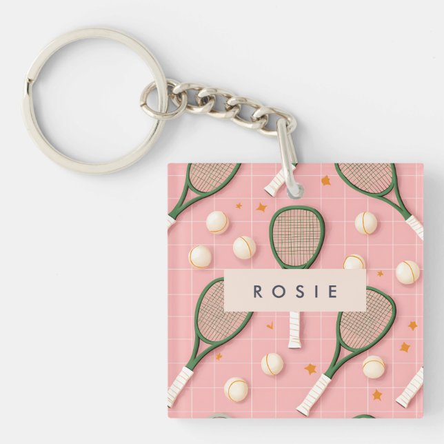 Monogram Personalised Retro Tennis Racket Pattern Key Ring (Front)