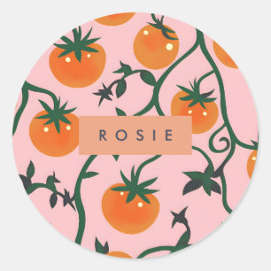 Monogram Personalised Retro Tomato Vine Pattern Classic Round Sticker