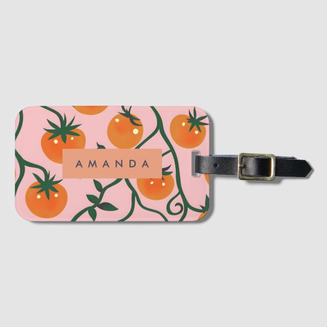 Monogram Personalised Retro Tomato Vine Pattern Luggage Tag (Front Horizontal)