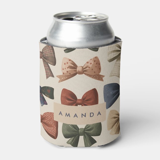 Monogram Personalised Retro Vintage Bow Pattern Can Cooler (Can Front)