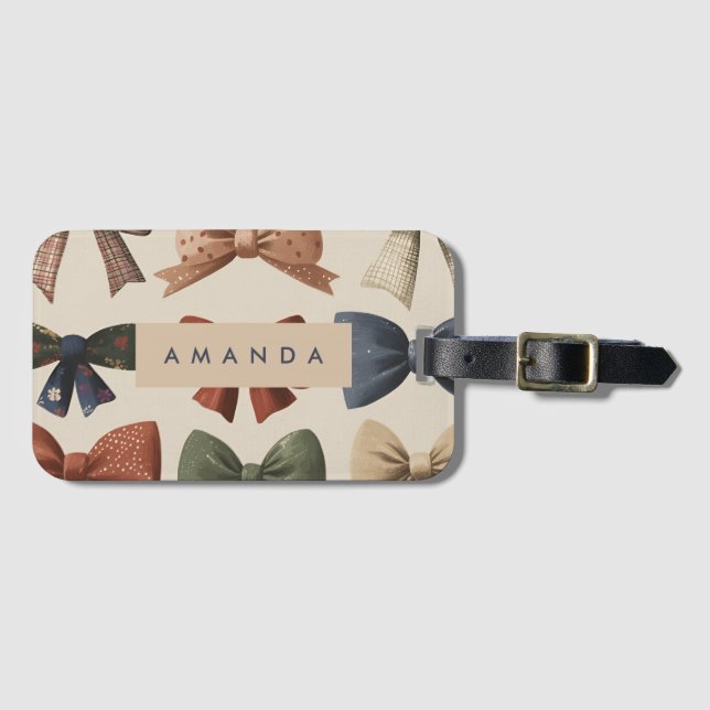 Monogram Personalised Retro Vintage Bow Pattern Luggage Tag (Front Horizontal)