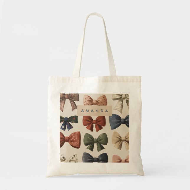 Monogram Personalised Retro Vintage Bow Pattern Tote Bag (Front)