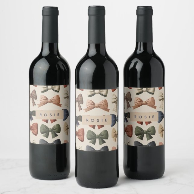 Monogram Personalised Retro Vintage Bow Pattern Wine Label (Bottles)