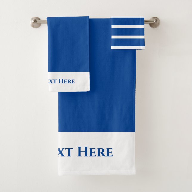 Monogram Personalised Royal Blue White Solid Strip Bath Towel Set (Insitu)
