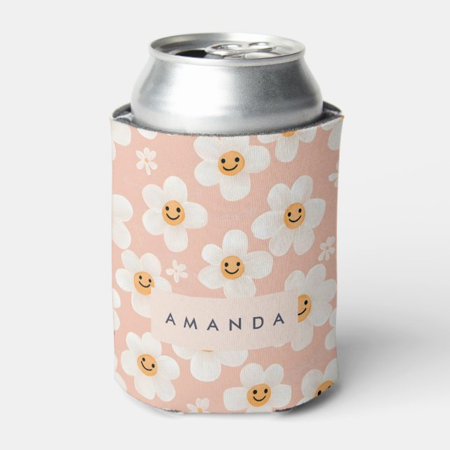 Monogram Personalised Smile Daisy Floral Pattern Can Cooler (Can Front)