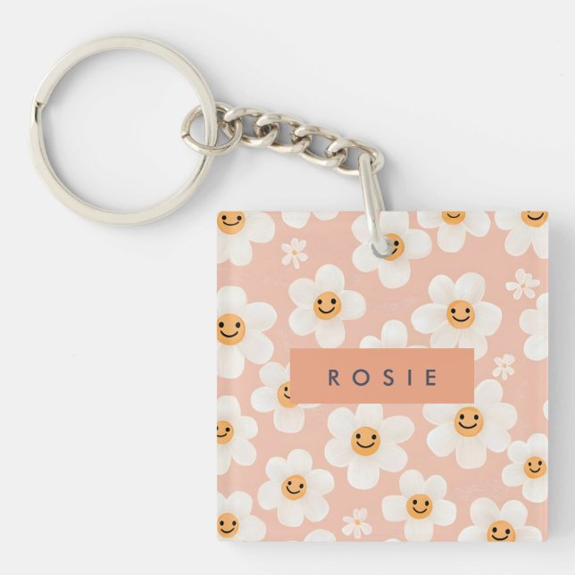 Monogram Personalised Smile Daisy Floral Pattern Key Ring (Front)
