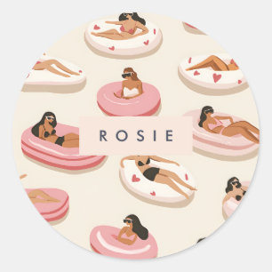 Monogram Personalised Summer Pool Float Pattern Classic Round Sticker