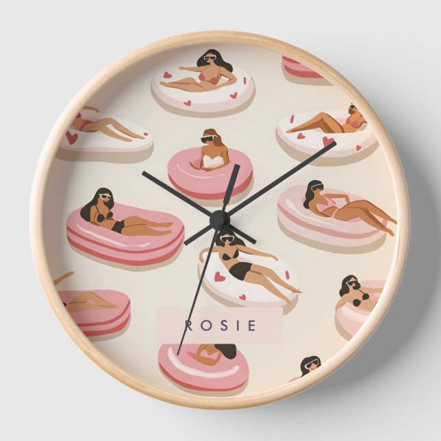 Monogram Personalised Summer Pool Float Pattern  Clock (Front)