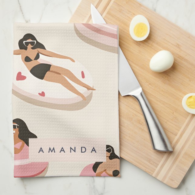 Monogram Personalised Summer Pool Float Pattern  Tea Towel (Quarter Fold)