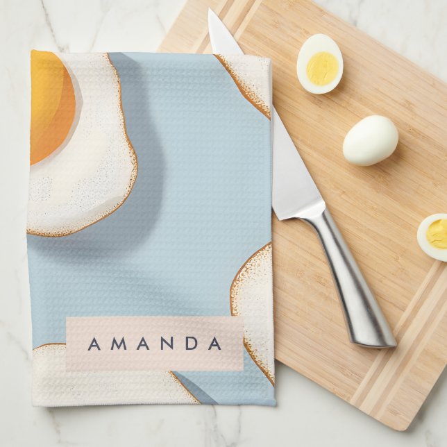 Monogram Personalised Sunny Side Up Egg Pattern Tea Towel (Quarter Fold)