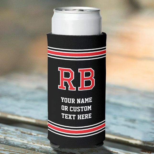 Monogram Personalised Text Red Black Seltzer Can Cooler (Creator Uploaded)