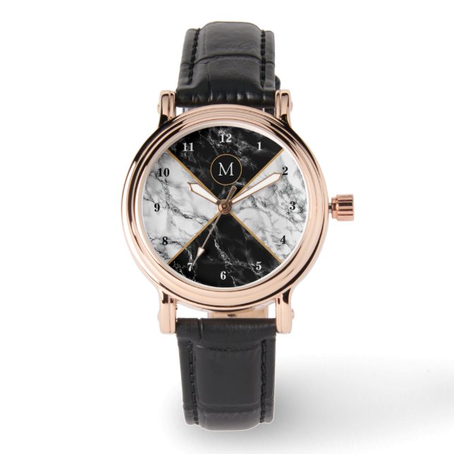 Monogram Personalised Watch Black White Marble (Front)
