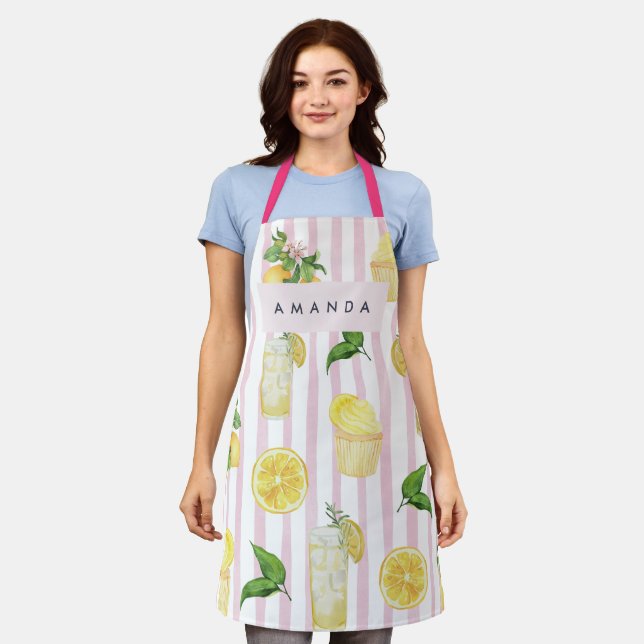 Monogram Personalised Watercolor Lemons Lemonade Apron (Worn)