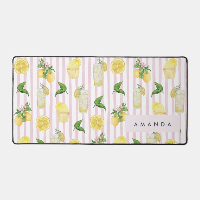 Monogram Personalised Watercolor Lemons Lemonade Desk Mat (Front)