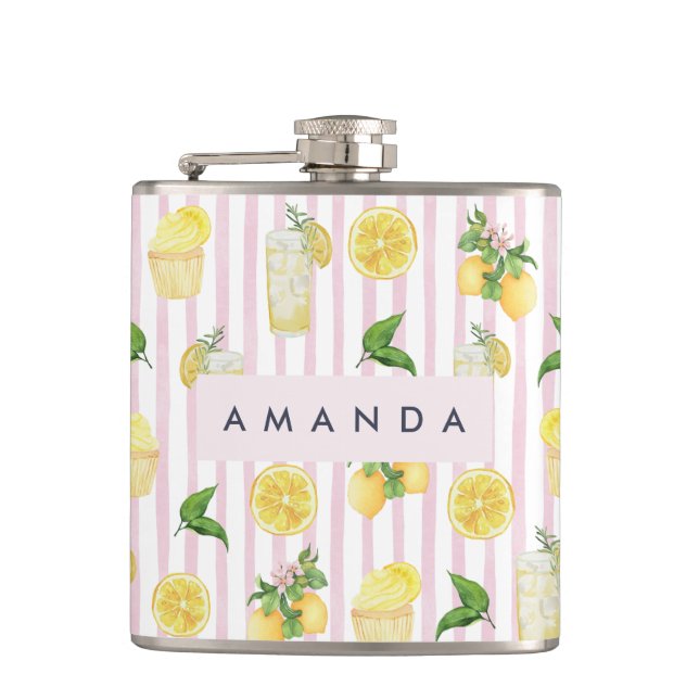 Monogram Personalised Watercolor Lemons Lemonade Hip Flask (Front)