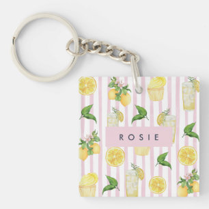 Monogram Personalised Watercolor Lemons Lemonade Key Ring