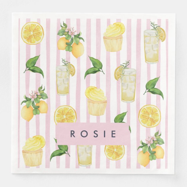 Monogram Personalised Watercolor Lemons Lemonade Napkin (Front)