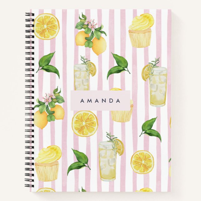 Monogram Personalised Watercolor Lemons Lemonade Notebook (Front)