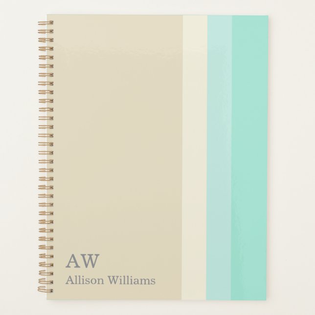 Monogram Personalized Beige and Aqua Blue  Planner (Front)