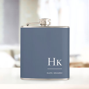 Monogram Personalized Classic Navy Blue White Hip Flask