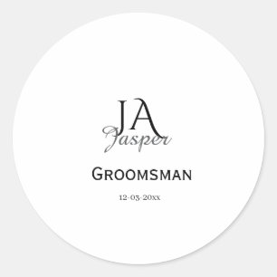 Monogram personalized groomsman best man name date classic round sticker