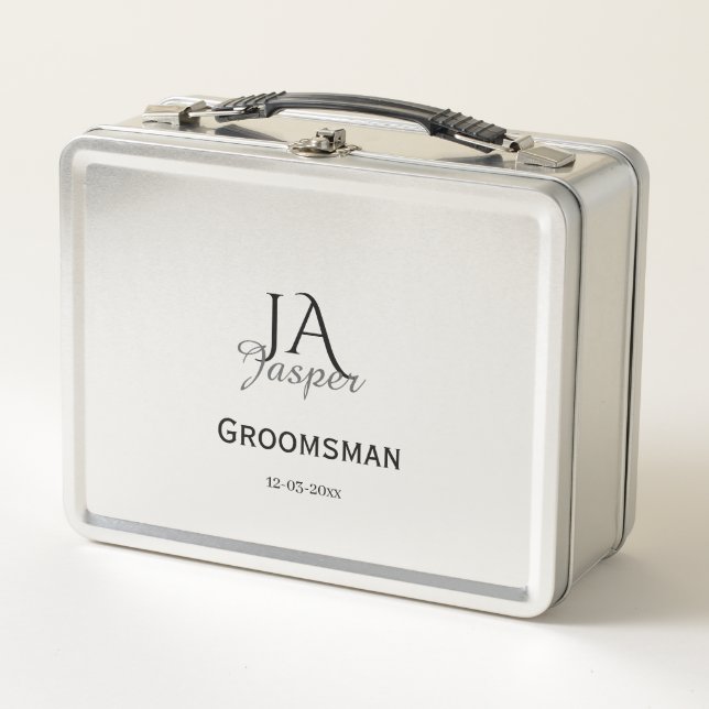 Monogram personalized groomsman best man name date metal lunch box (Front)