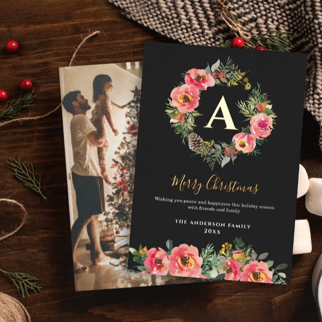 Monogram Photo Black Botanical Wreath Christmas  (Creator Uploaded)
