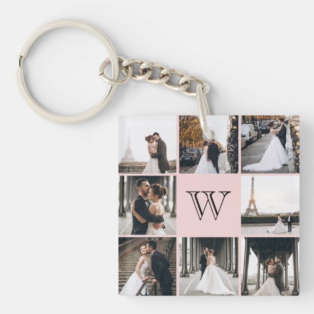 Monogram Photo Collage Blush Pink Key Ring (Front)