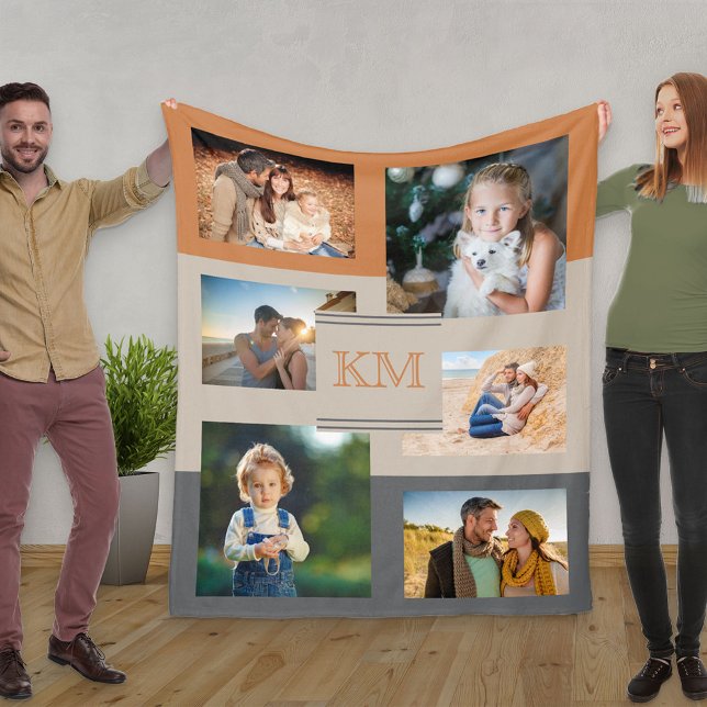 Monogram Photo Collage Burnt Orange Beige Charcoal Fleece Blanket (Creator Uploaded)