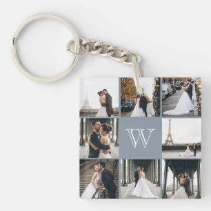 Monogram Photo Collage Dusty Blue Key Ring
