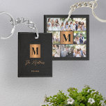 Monogram photo collage family<br><div class="desc">Stylish modern monogrammed initial and signature script family name personalised custom 8 photo grid collage keepsake keychain featuring a faux metallic gold copper square with initial letter on a side and 8 photos on the backside over an elegant black leather like (PRINTED TEXTURE) background.</div>