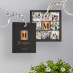 Monogram photo collage family key ring<br><div class="desc">Stylish modern monogrammed initial and signature script family name personalised custom 8 photo grid collage keepsake keychain featuring a faux metallic gold copper square with initial letter on a side and 8 photos on the backside over an elegant black leather like (PRINTED TEXTURE) background.</div>