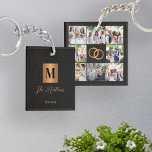 Monogram photo collage family key ring<br><div class="desc">Stylish modern monogrammed initial and signature script family name personalised custom 8 photo grid collage keepsake keychain featuring a faux metallic gold copper square with initial letter on a side and 8 photos with wedding rings on the backside over an elegant black leather like (PRINTED TEXTURE) background.</div>