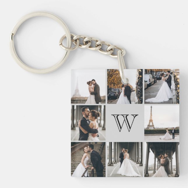 Monogram Photo Collage Grey Key Ring (Front)