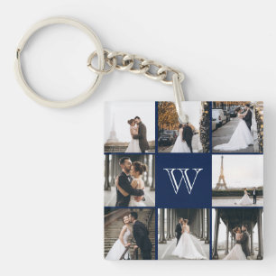 Monogram Photo Collage Navy Blue Key Ring