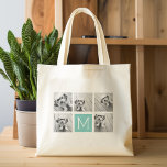 Monogram Photo Collage - Up to 5 photos Teal Tote Bag<br><div class="desc">You can use square or selfie photos for this design. Use five square photos to create a unique and personal gift. Or you can keep the hipster puppy and make a trendy keepsake. If you need to adjust the pictures,  click on the customise tool to make changes.</div>