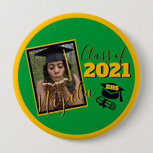 Monogram & Photo Green Gold Graduation 10 Cm Round Badge