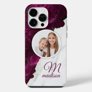 Monogram Photo Modern Floral Marble Custom Name iPhone 14 Pro Max Case