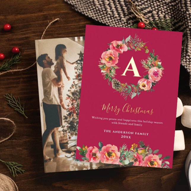 Monogram Photo Red Botanical Wreath Christmas  (Creator Uploaded)