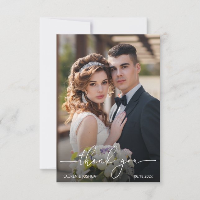 Monogram Photo Script Wedding Thank You Card (Front)