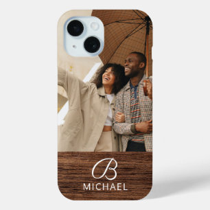 Monogram Photo Wood Grain Timber Personalised Name iPhone 15 Case