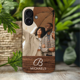 Monogram Photo Wood Grain Timber Personalised Name iPhone 16 Case