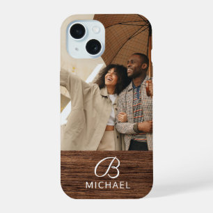 Monogram Photo Wood Grain Timber Personalised Name iPhone 15 Case
