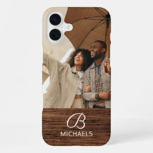 Monogram Photo Wood Grain Timber Personalised Name iPhone 16 Plus Case