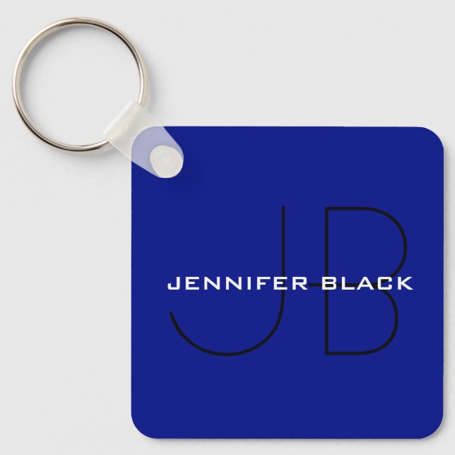 Monogram Phthalo Blue Minimalist Modern Name Key Ring (Front)