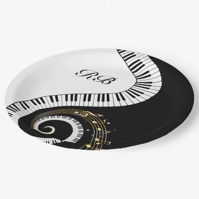 Monogram Piano Keys and Musical Notes Paper Plate (Angled)